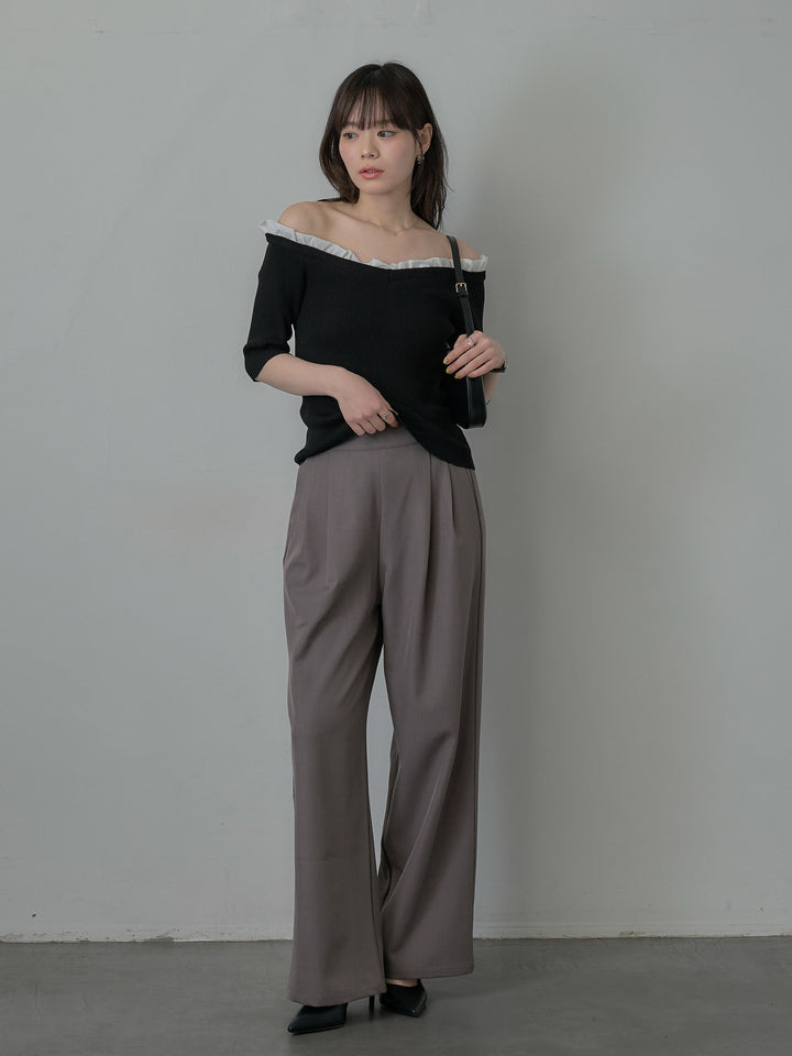 フリルドッキング5部丈オフショルトップス