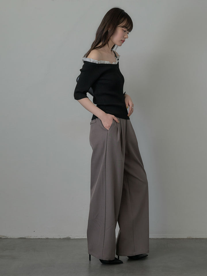 フリルドッキング5部丈オフショルトップス