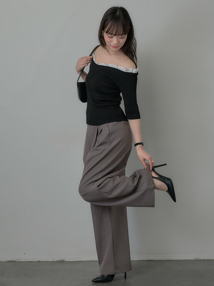 フリルドッキング5部丈オフショルトップス