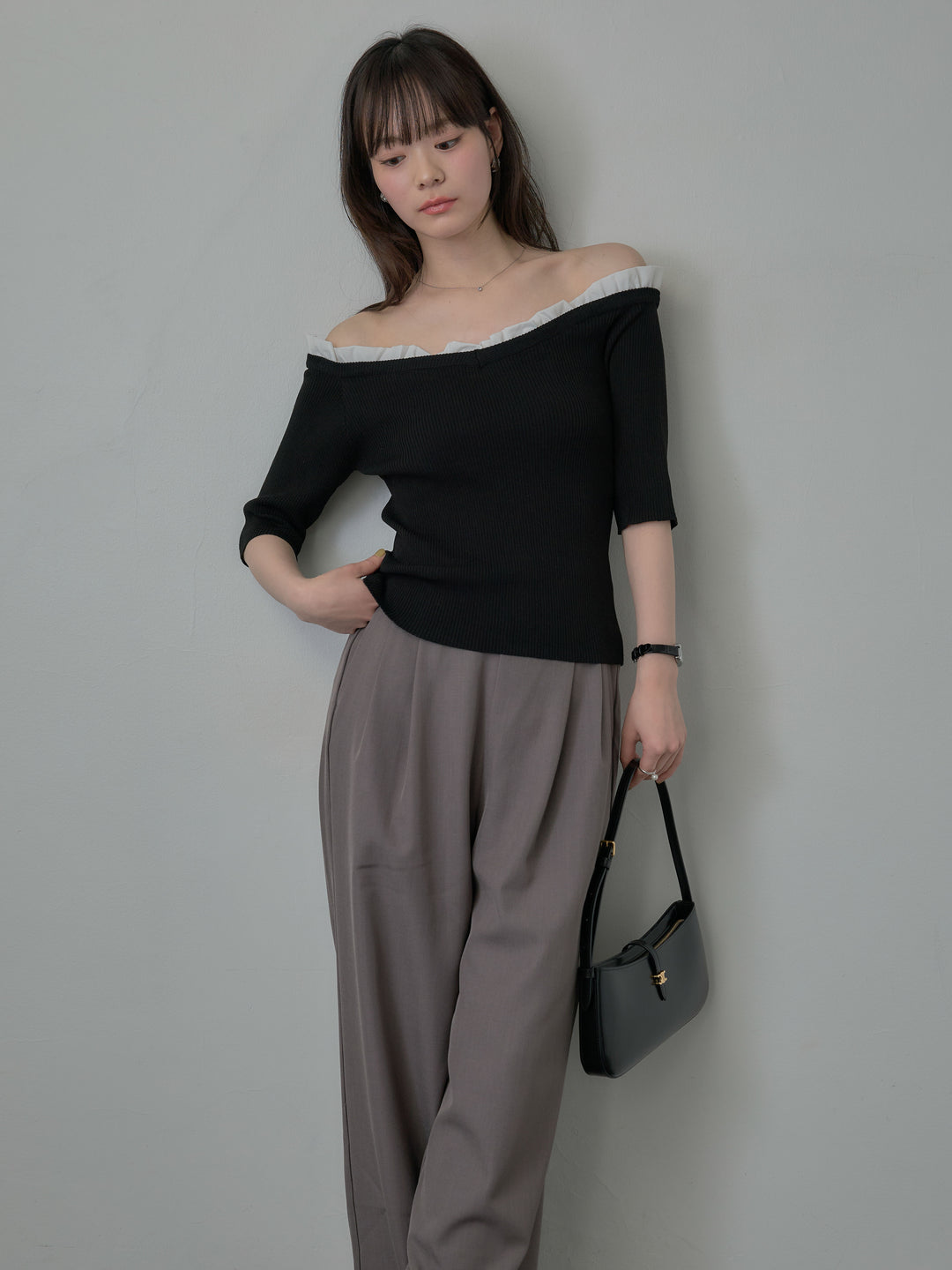 フリルドッキング5部丈オフショルトップス