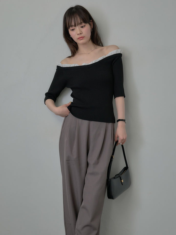 フリルドッキング5部丈オフショルトップス