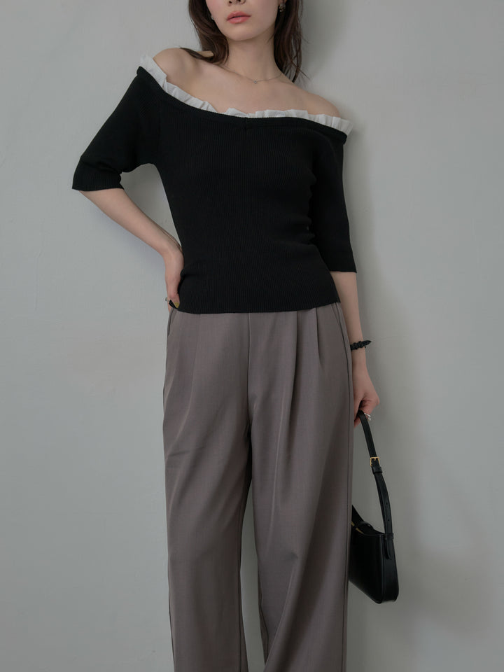 フリルドッキング5部丈オフショルトップス