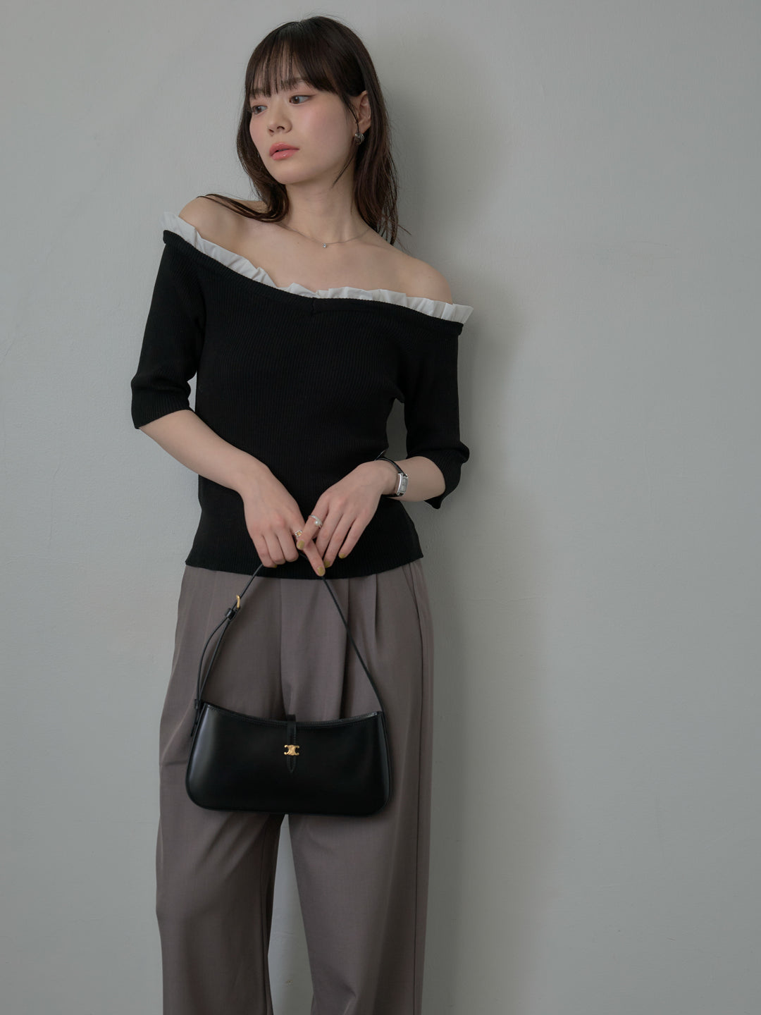 フリルドッキング5部丈オフショルトップス