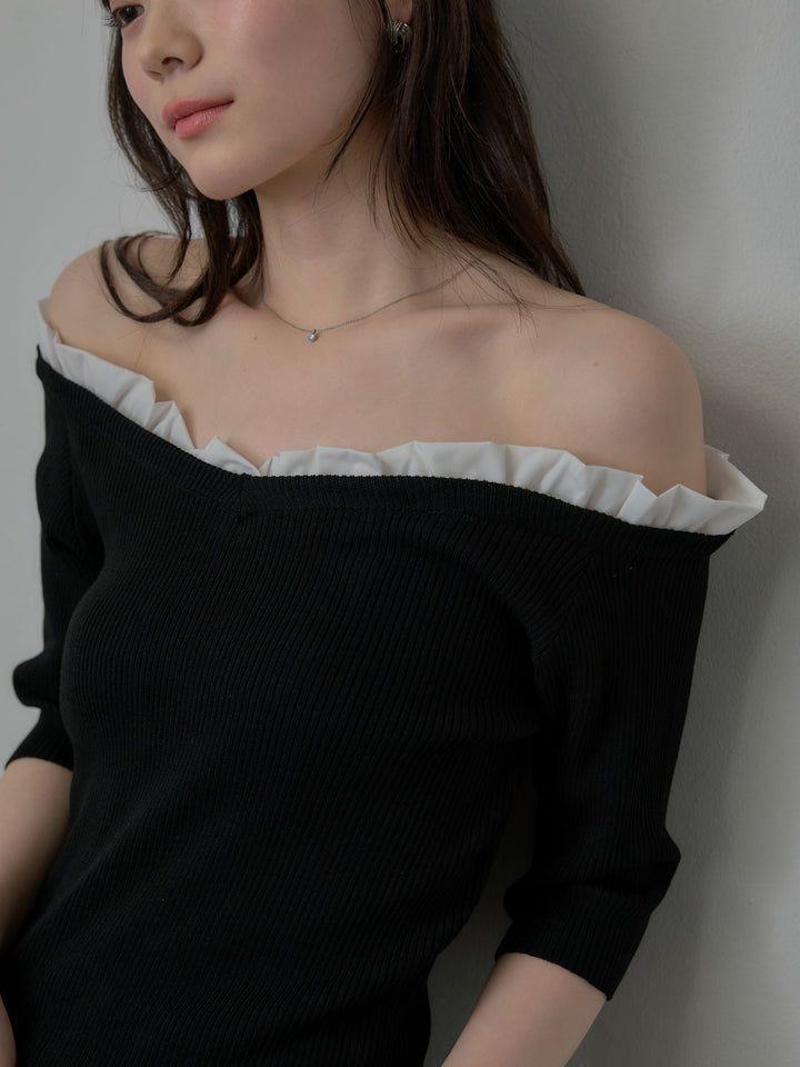 フリルドッキング5部丈オフショルトップス