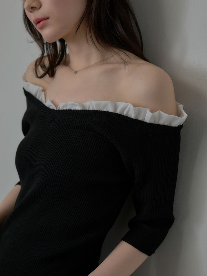 フリルドッキング5部丈オフショルトップス