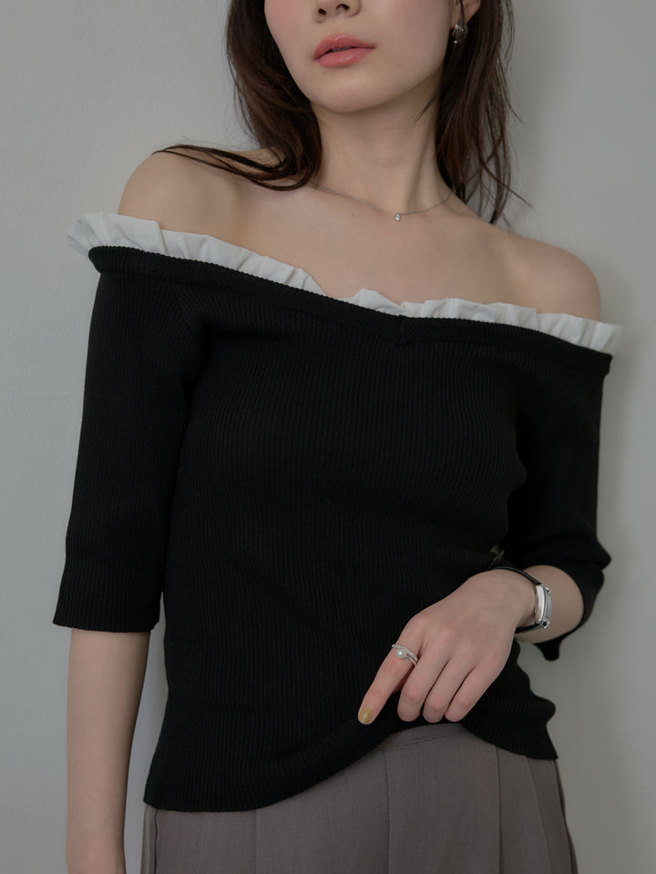 フリルドッキング5部丈オフショルトップス