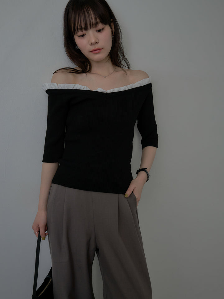 フリルドッキング5部丈オフショルトップス
