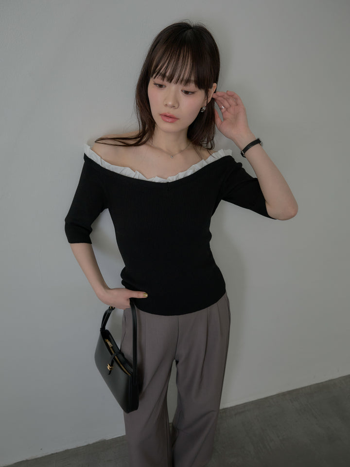 フリルドッキング5部丈オフショルトップス
