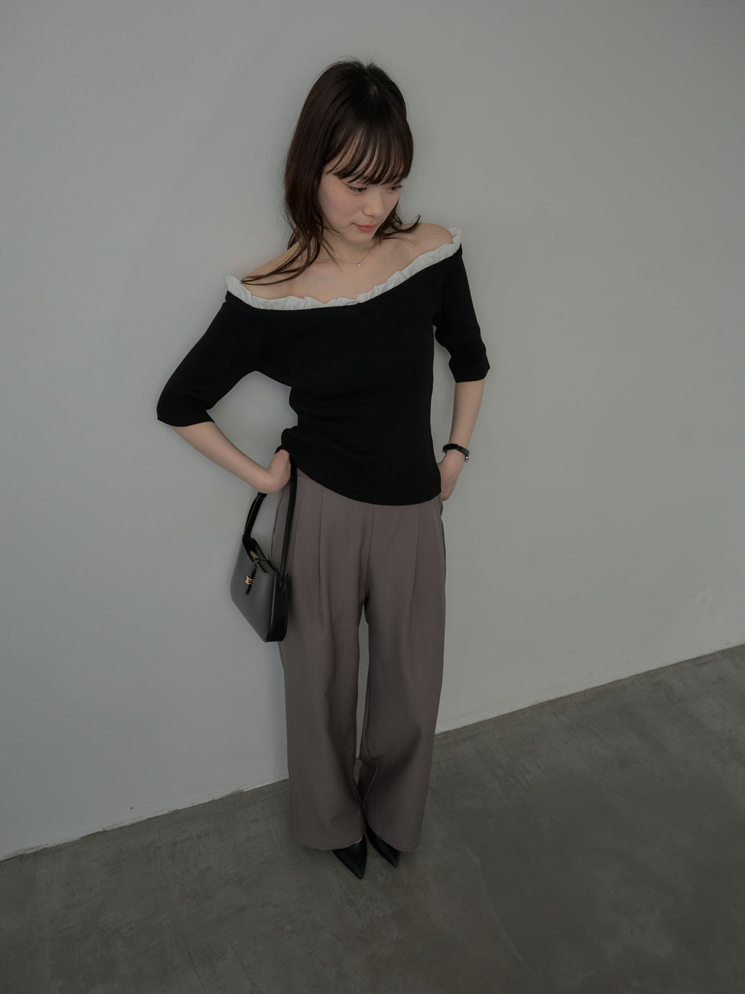 フリルドッキング5部丈オフショルトップス