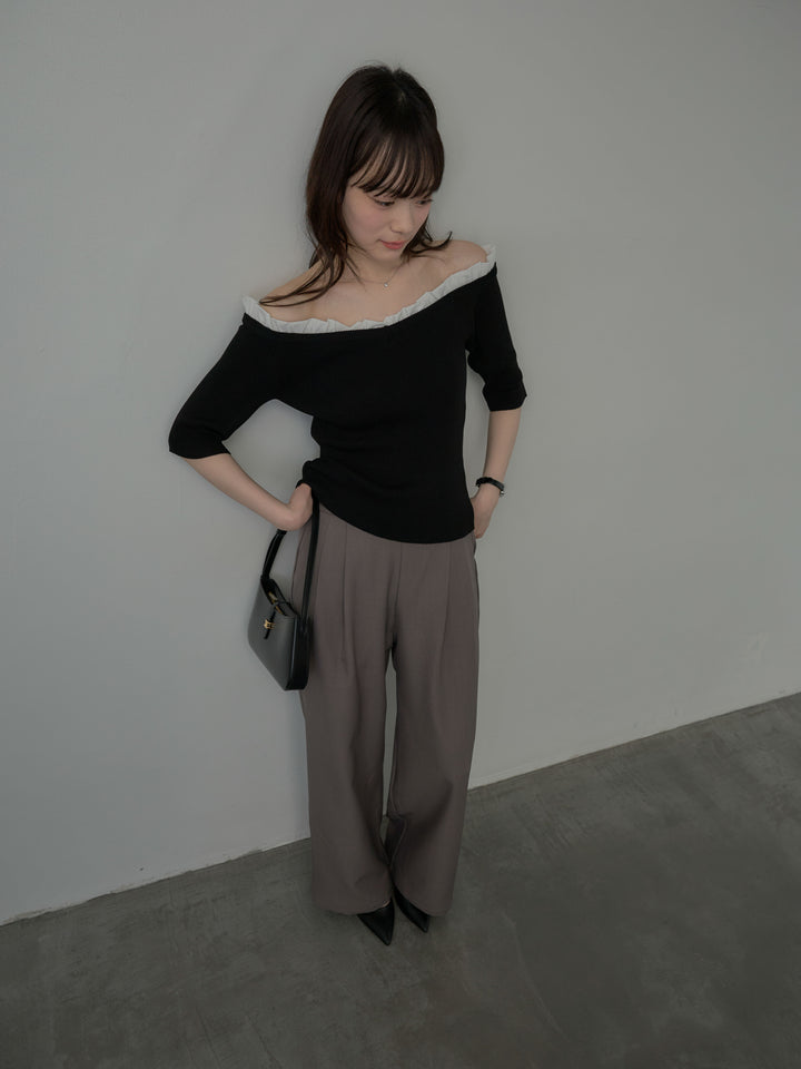 フリルドッキング5部丈オフショルトップス