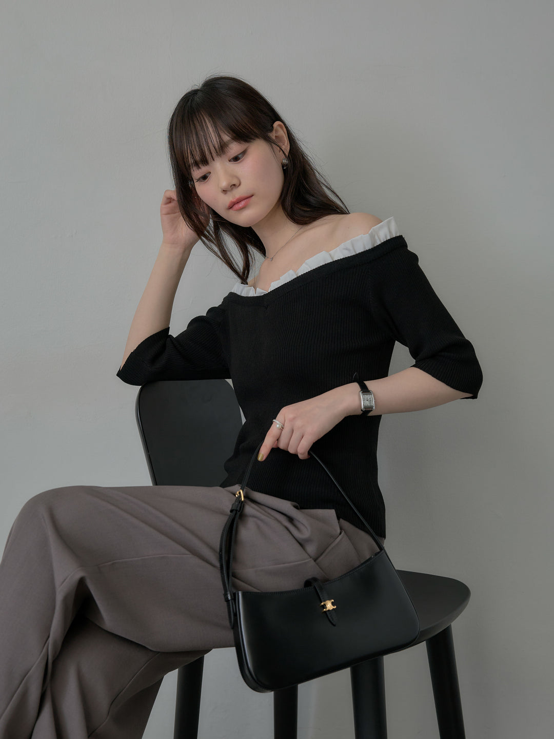 フリルドッキング5部丈オフショルトップス