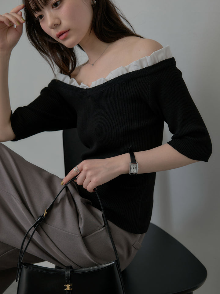 フリルドッキング5部丈オフショルトップス