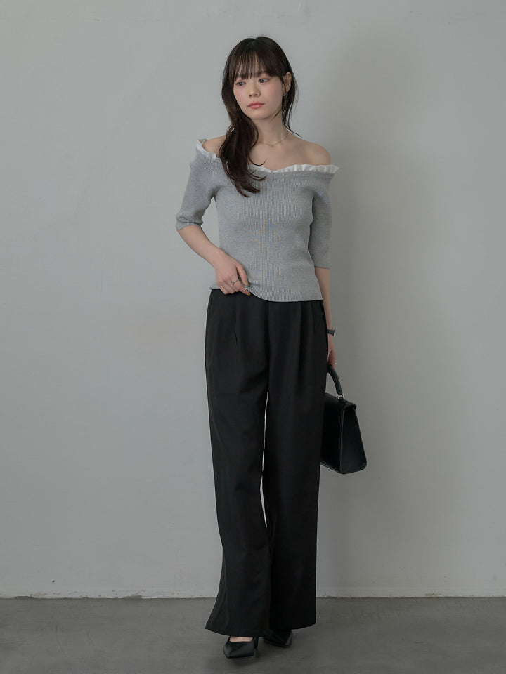 フリルドッキング5部丈オフショルトップス