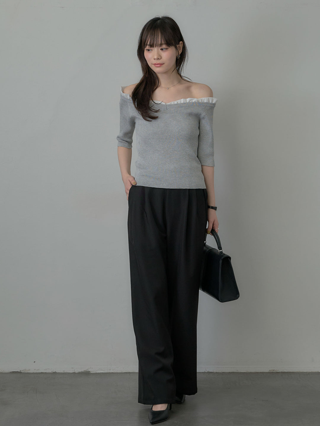 フリルドッキング5部丈オフショルトップス