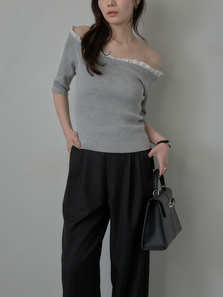 フリルドッキング5部丈オフショルトップス