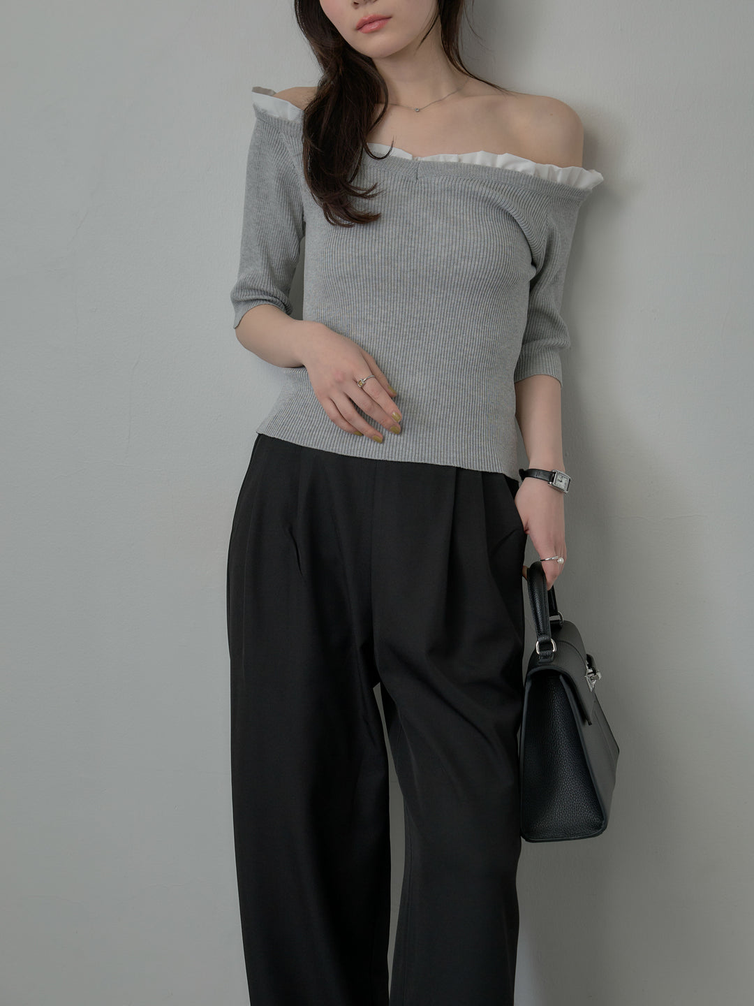 フリルドッキング5部丈オフショルトップス