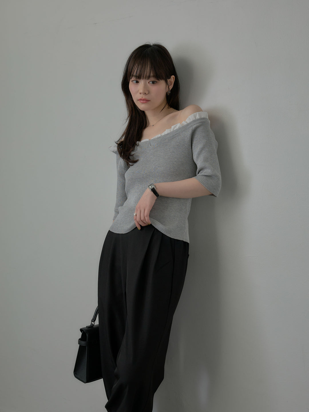 フリルドッキング5部丈オフショルトップス