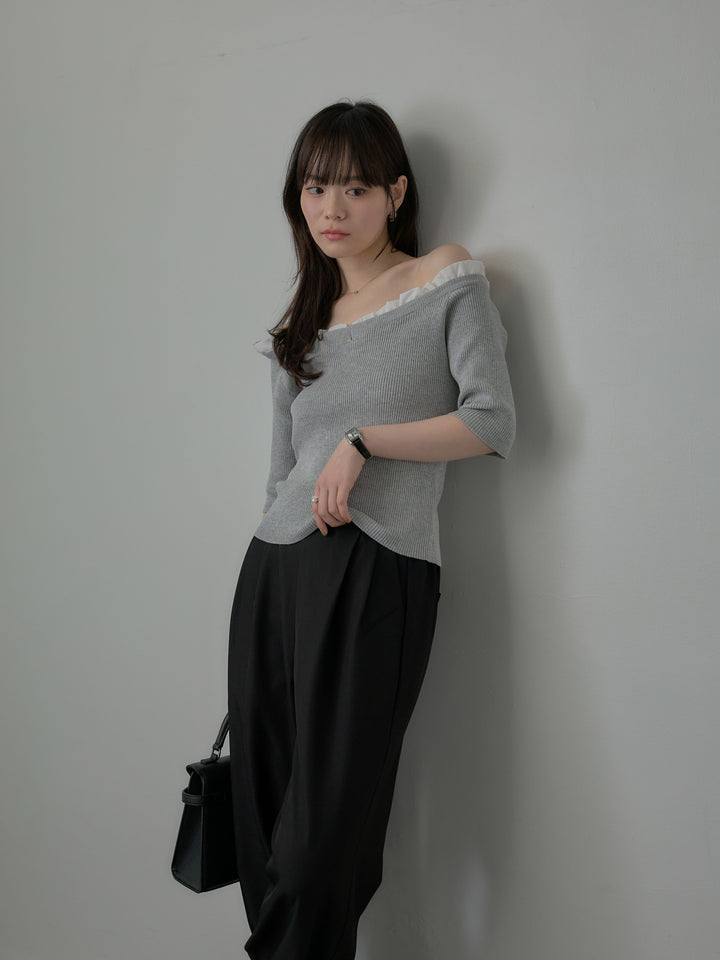 フリルドッキング5部丈オフショルトップス