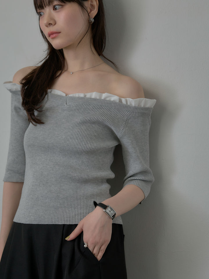 フリルドッキング5部丈オフショルトップス