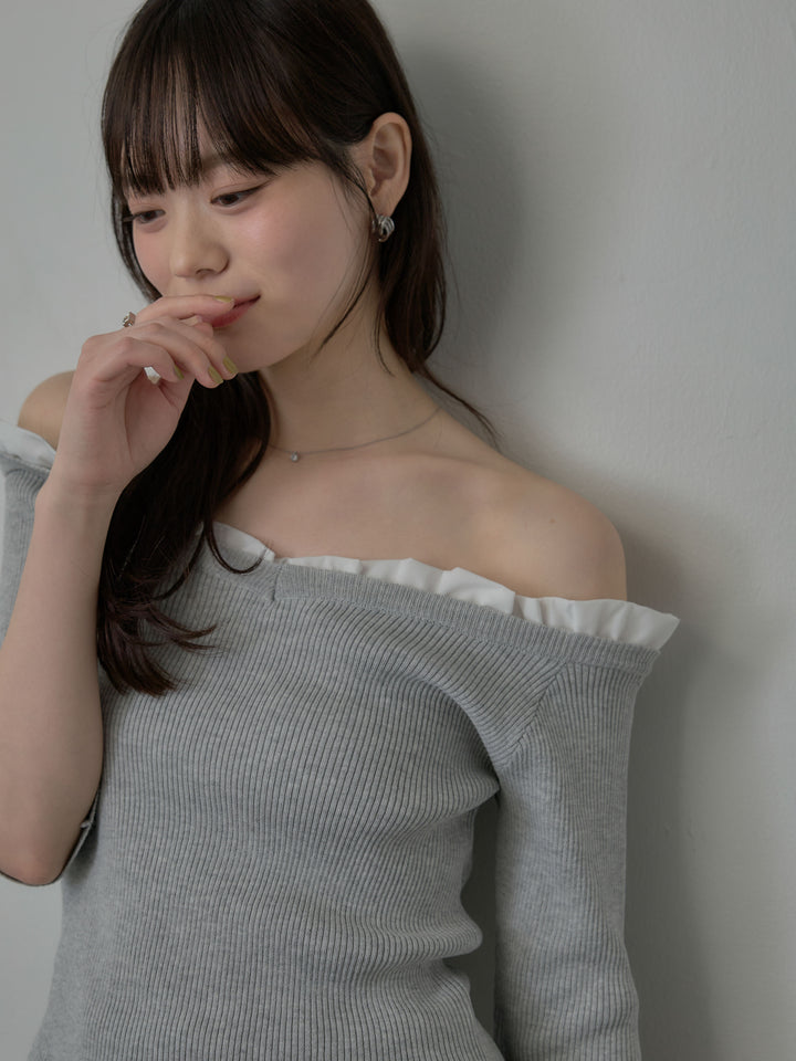 フリルドッキング5部丈オフショルトップス