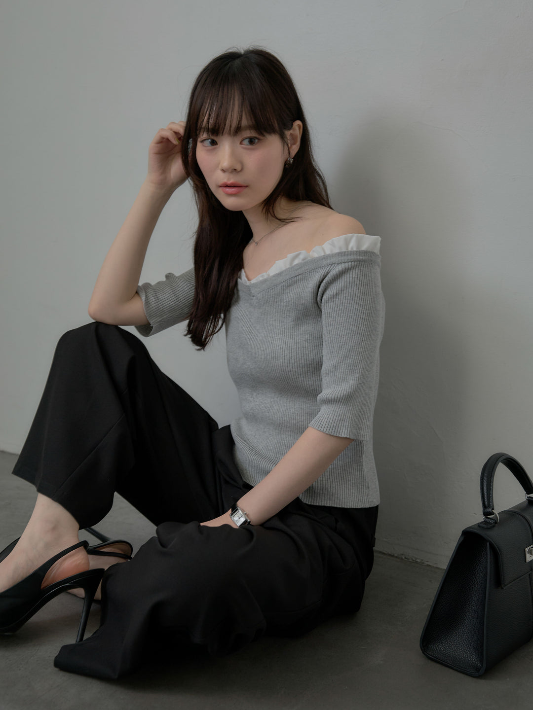 フリルドッキング5部丈オフショルトップス