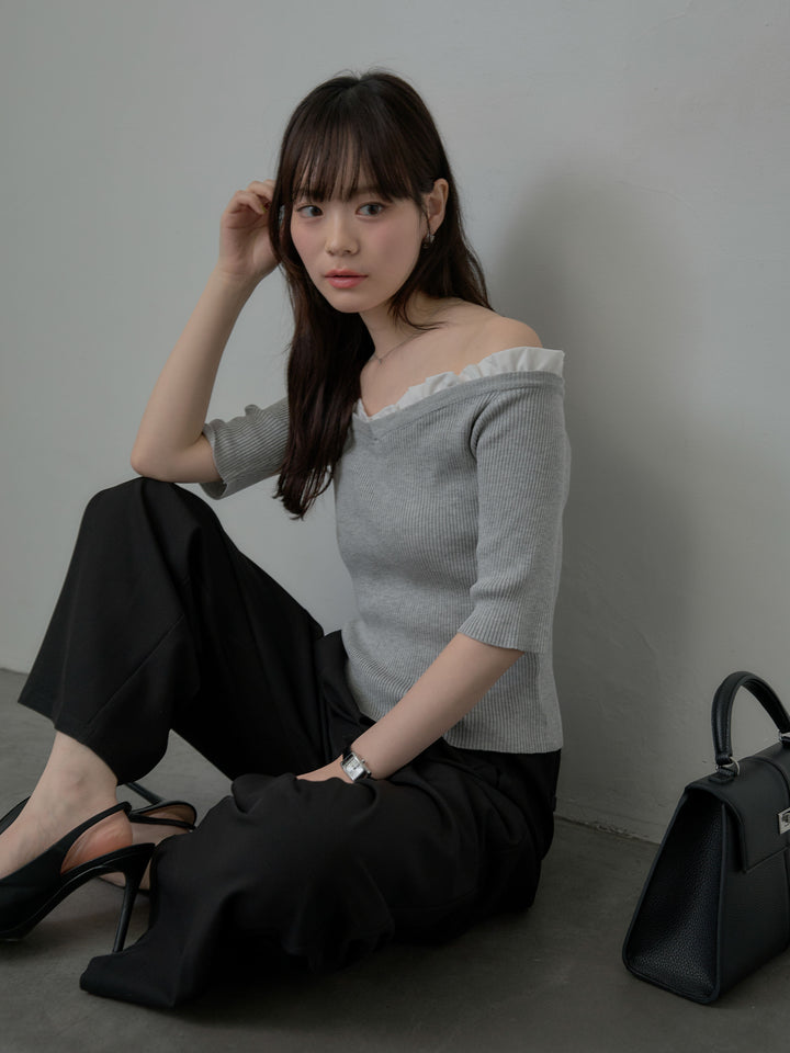 フリルドッキング5部丈オフショルトップス