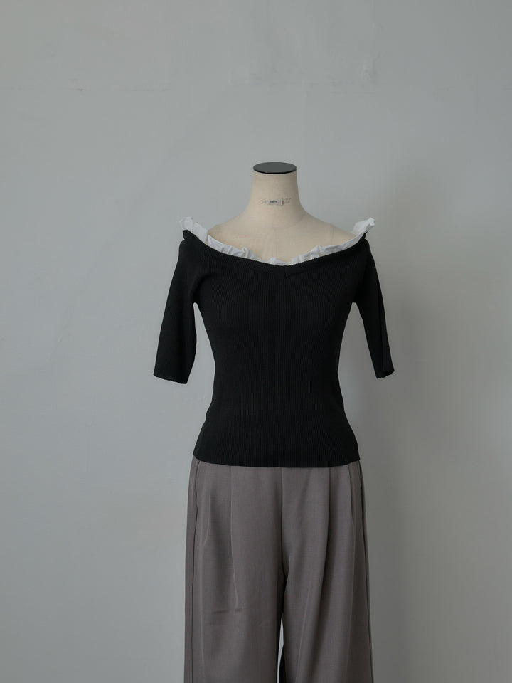 フリルドッキング5部丈オフショルトップス