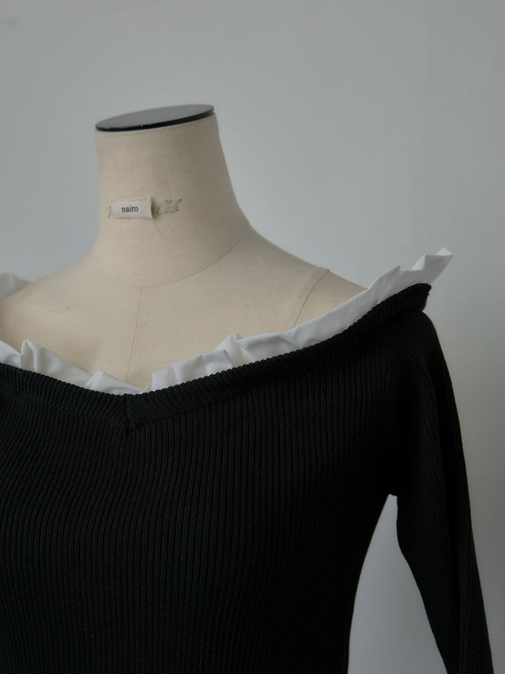 フリルドッキング5部丈オフショルトップス