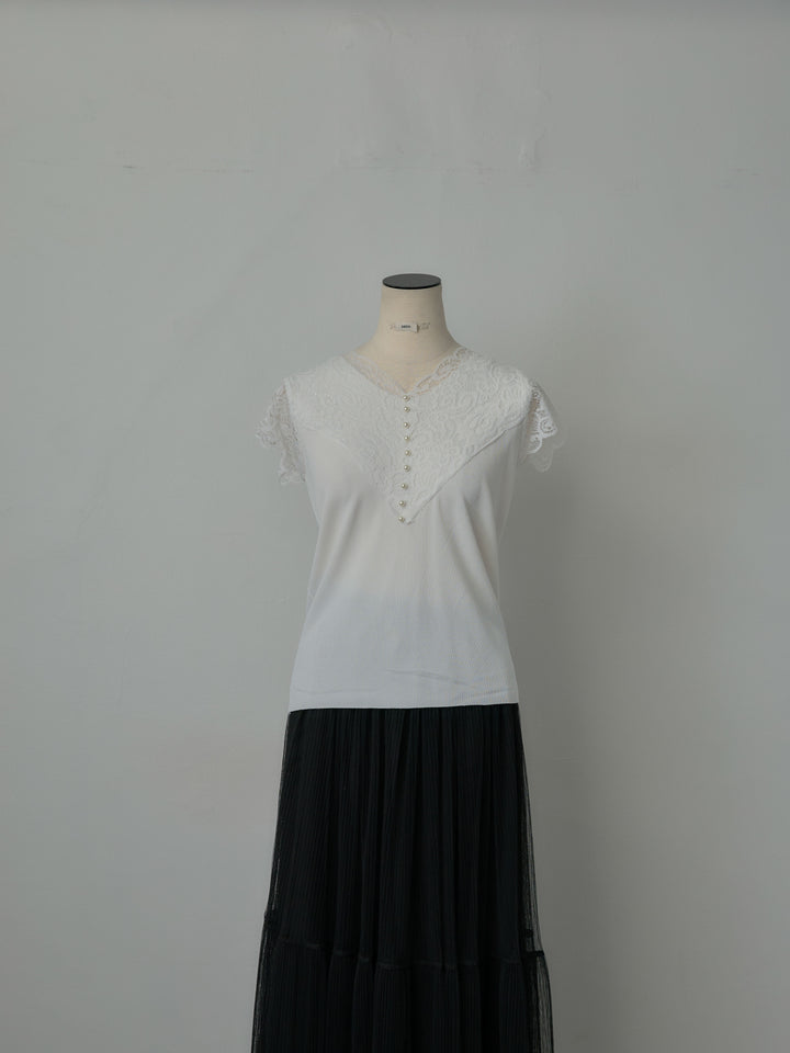 パールボタンレース切替ニットTシャツ