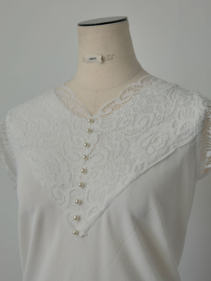 パールボタンレース切替ニットTシャツ