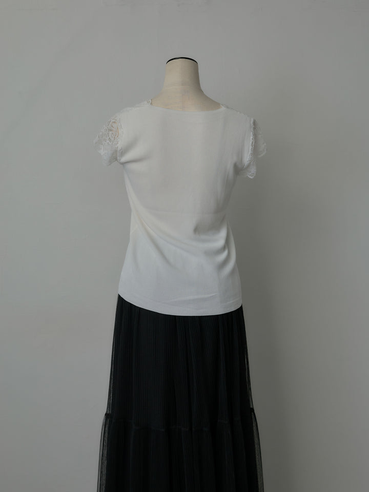 パールボタンレース切替ニットTシャツ