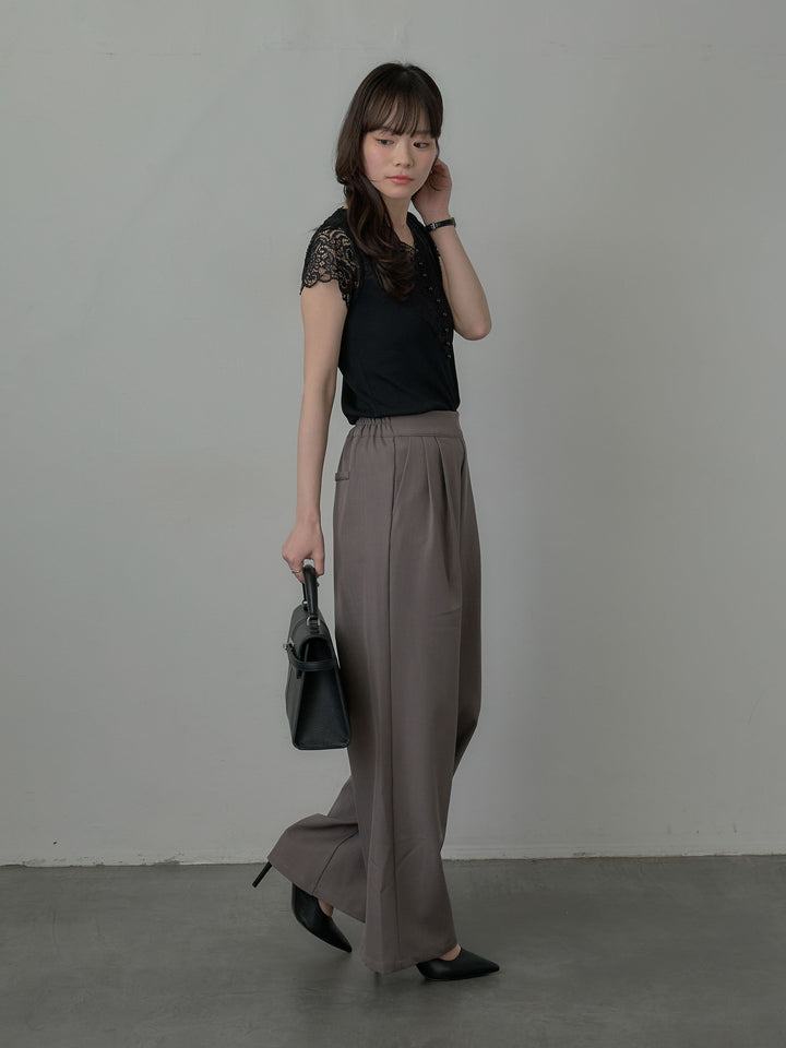 【SET】パールボタンレース切替ニットTシャツ+スーツ地イージータックパンツ(2set)