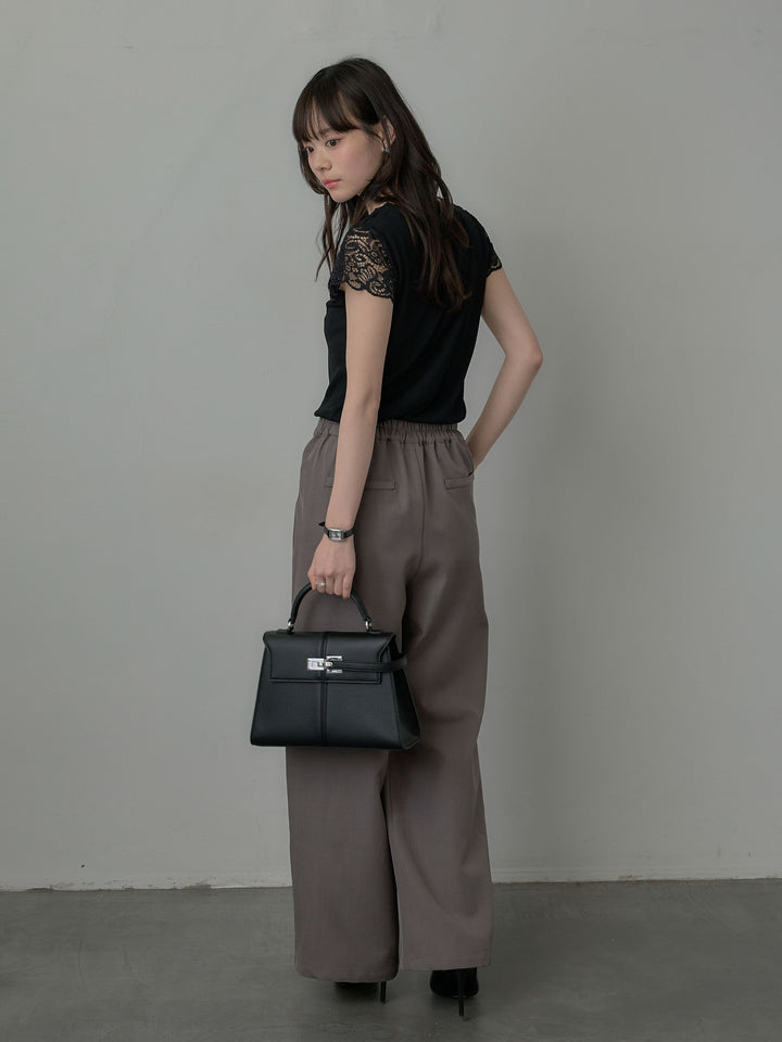 【SET】パールボタンレース切替ニットTシャツ+スーツ地イージータックパンツ(2set)