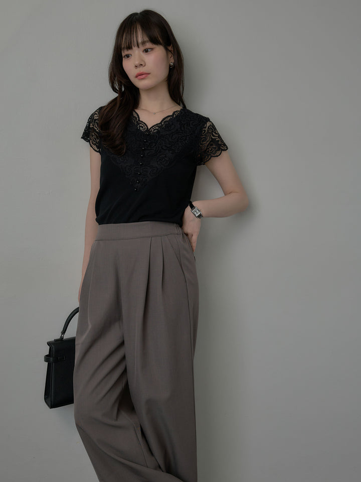 パールボタンレース切替ニットTシャツ