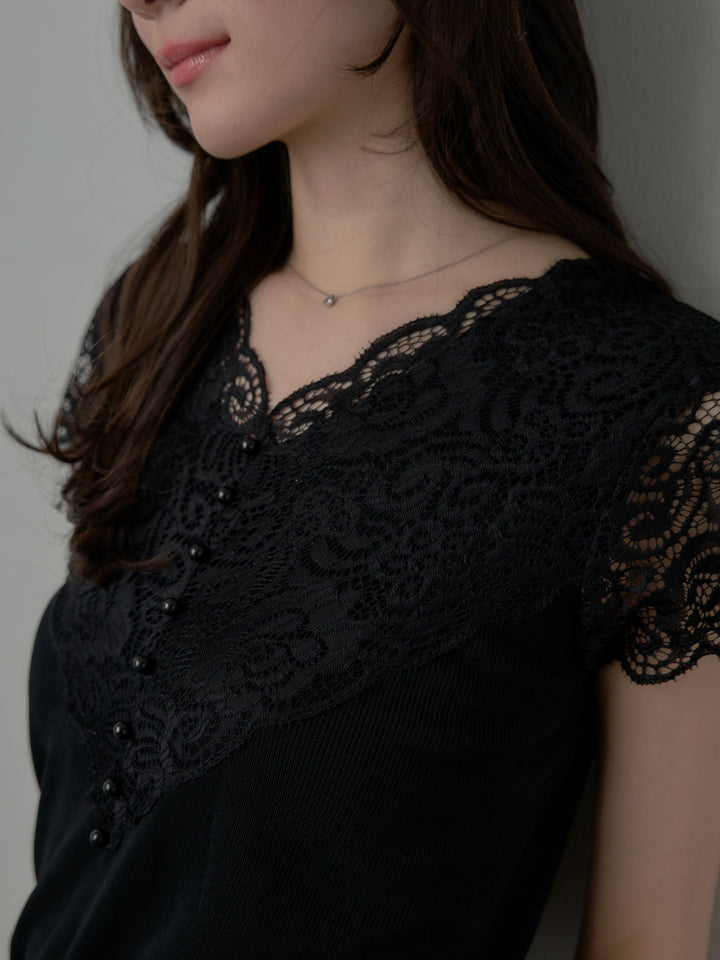 【SET】パールボタンレース切替ニットTシャツ+スーツ地イージータックパンツ(2set)