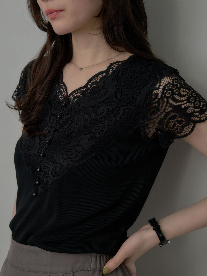 パールボタンレース切替ニットTシャツ