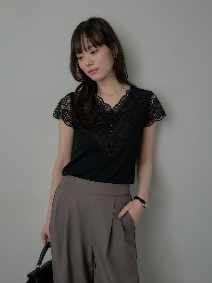 【SET】パールボタンレース切替ニットTシャツ+スーツ地イージータックパンツ(2set)