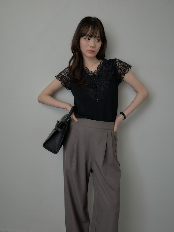 【SET】パールボタンレース切替ニットTシャツ+スーツ地イージータックパンツ(2set)