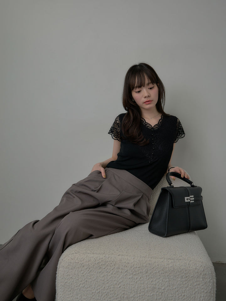 パールボタンレース切替ニットTシャツ