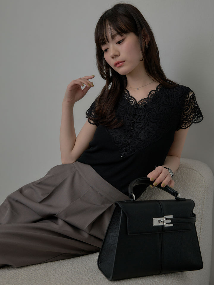 【SET】パールボタンレース切替ニットTシャツ+スーツ地イージータックパンツ(2set)