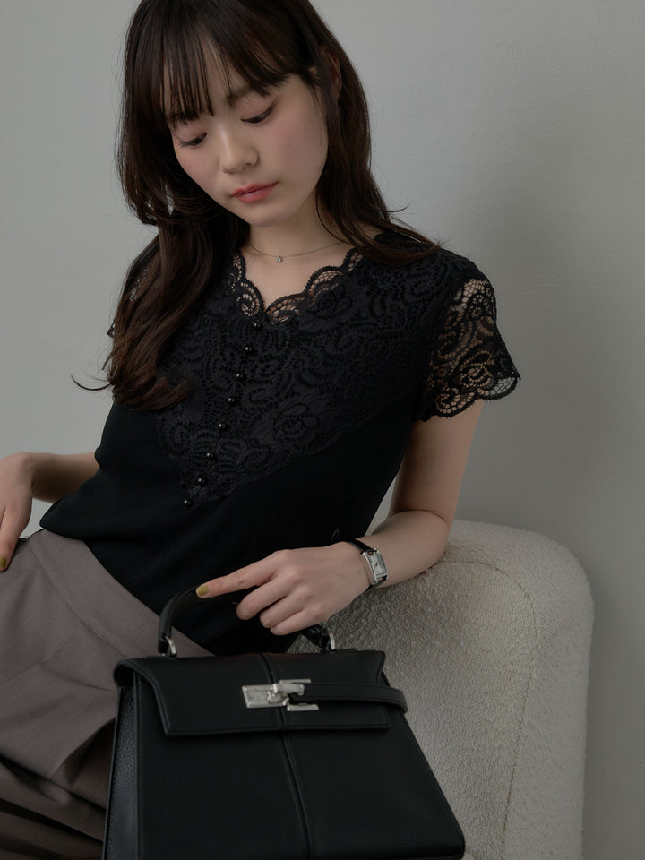 パールボタンレース切替ニットTシャツ