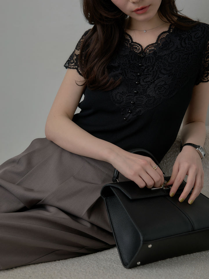 【SET】パールボタンレース切替ニットTシャツ+スーツ地イージータックパンツ(2set)