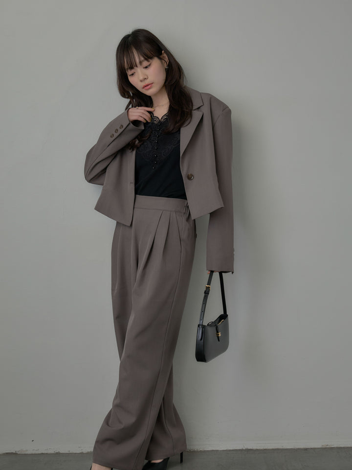【SET】スーツ地ショートテーラードジャケット+パールボタンレース切替ニットTシャツ+スーツ地イージータックパンツ(3set)