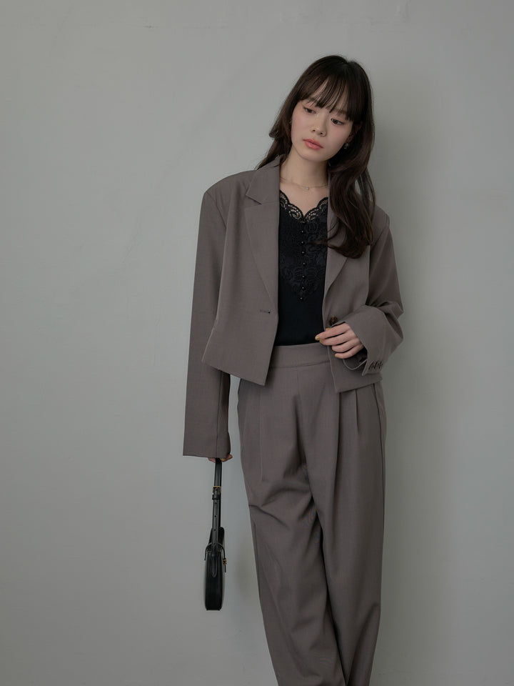 【SET】スーツ地ショートテーラードジャケット+パールボタンレース切替ニットTシャツ+スーツ地イージータックパンツ(3set)
