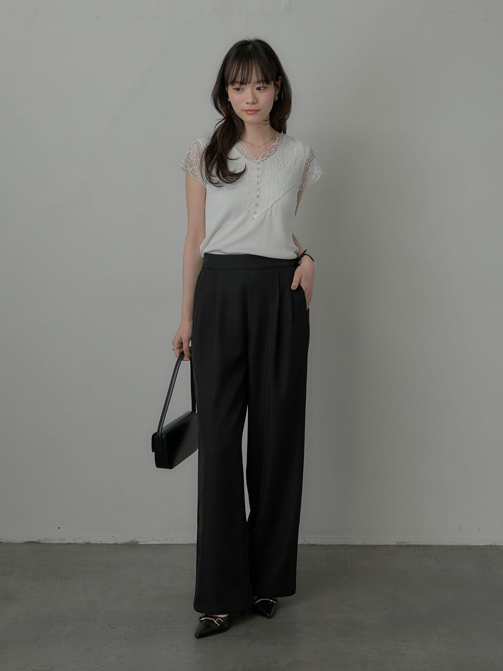 【SET】パールボタンレース切替ニットTシャツ+スーツ地イージータックパンツ(2set)