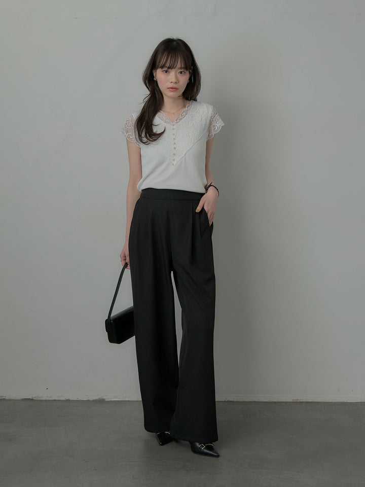 【SET】パールボタンレース切替ニットTシャツ+スーツ地イージータックパンツ(2set)