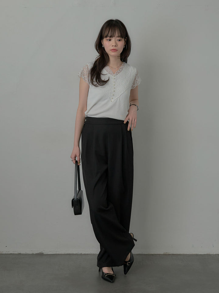 パールボタンレース切替ニットTシャツ