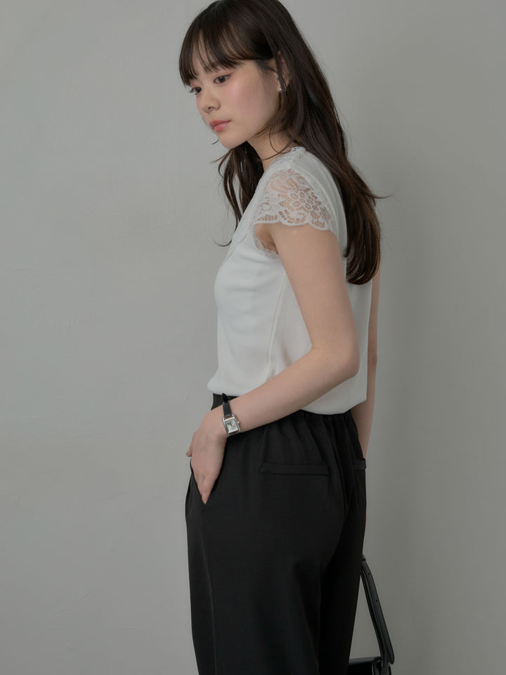 【SET】パールボタンレース切替ニットTシャツ+スーツ地イージータックパンツ(2set)