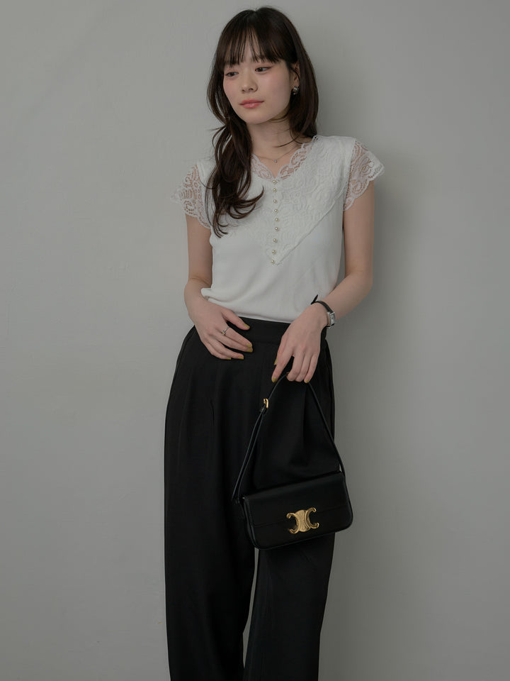 【SET】パールボタンレース切替ニットTシャツ+スーツ地イージータックパンツ(2set)