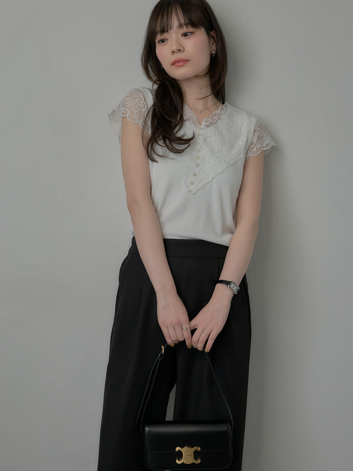 【SET】パールボタンレース切替ニットTシャツ+スーツ地イージータックパンツ(2set)